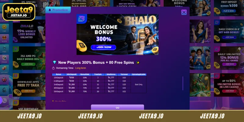 Jeeta9 Welcome Rewards Featuring 300% Bonus and 80 Free Spins